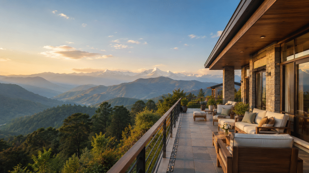 Panoramic view of modern villas in Rishikesh for real estate investment.