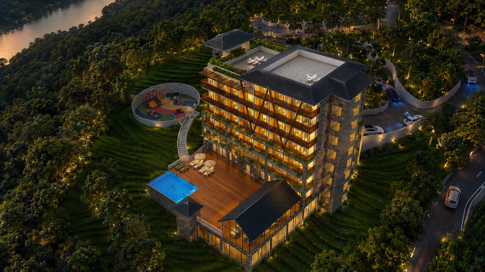 Landscaped roads and arrival area at Willow Estates Rishikesh