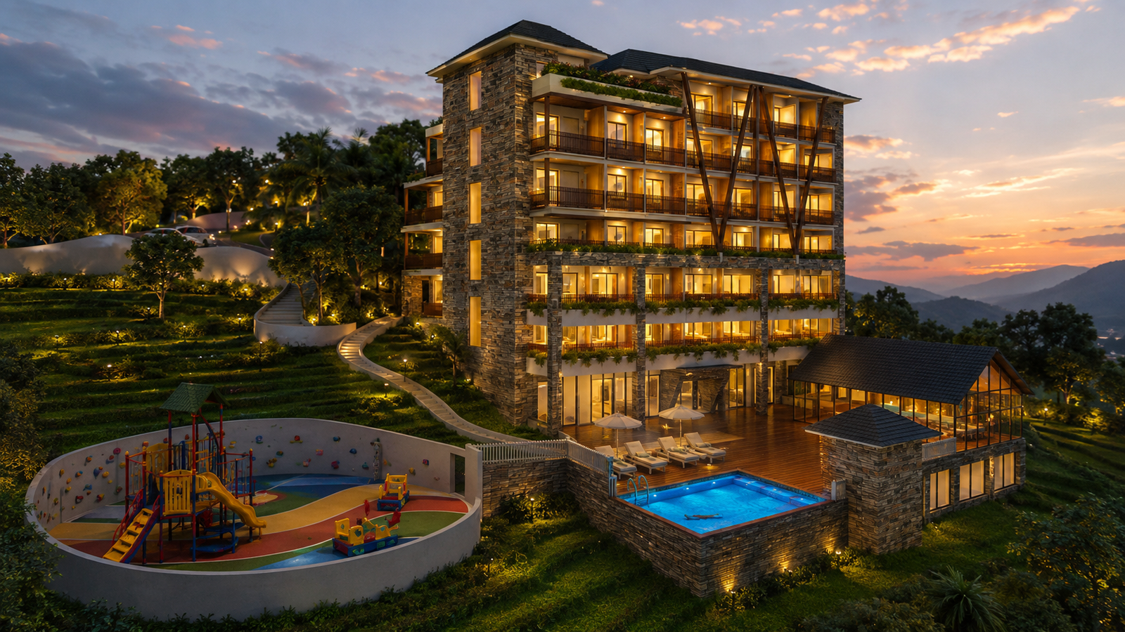 Willow Estates Rishikesh studio amenities with swimming pool and children play area